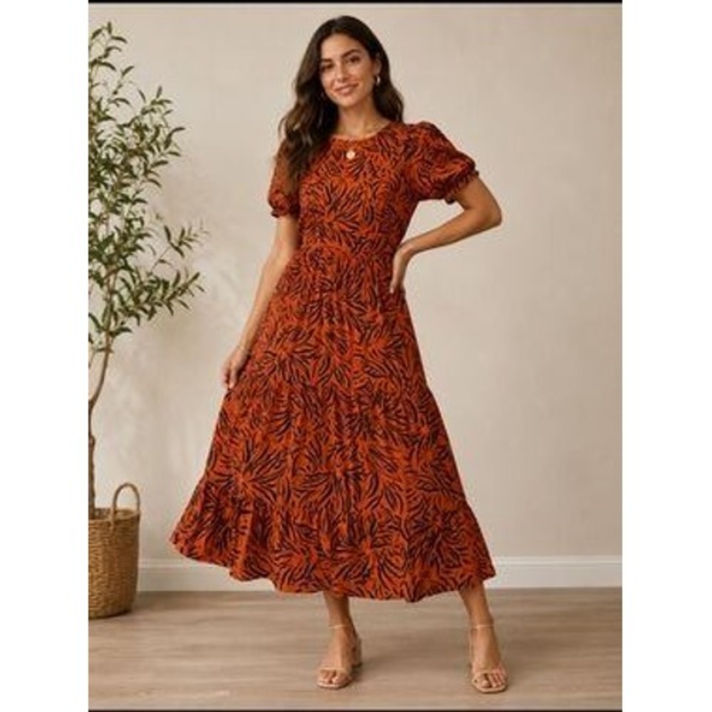 Eliza J Womens 12 Rust Orange Black Leaf Print Puff Sleeve Tiered Midi Dress